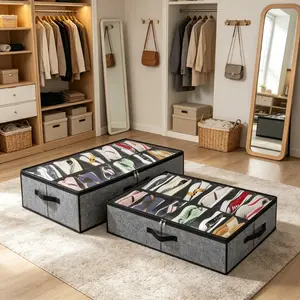 Storage box, durable under-bed shoe storage and organizer box with transparent window, 14-compartment non-woven fabric shoe box, dustproof zipper shoe storage box, suitable for bedroom, wardrobe, and dormitory, can hold 14 pairs of shoes