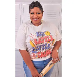 Tees2urdoor Women's Basic Cotton Hey Batter Batter Baseball Graphic Short-Sleeve Round Neck T-Shirt Top - Flattering Fit That Fits for Denim Shacket Pairing, Streetwear Casual Style