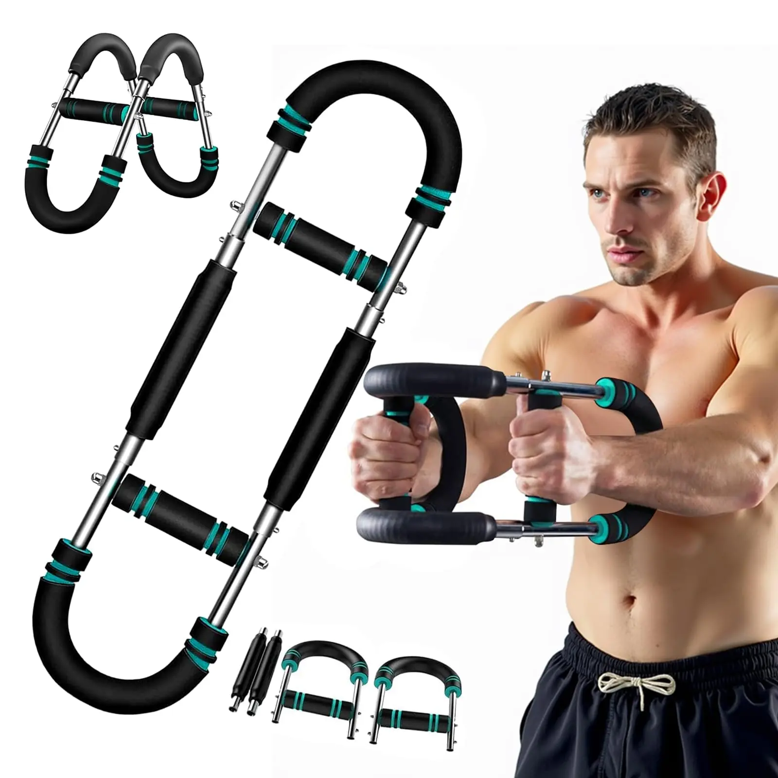 Adjustable Arm & Chest Trainer, Stainless Steel Exercise Equipment with Blue Anti-Slip Grips for Men's Home Workout Strength Training