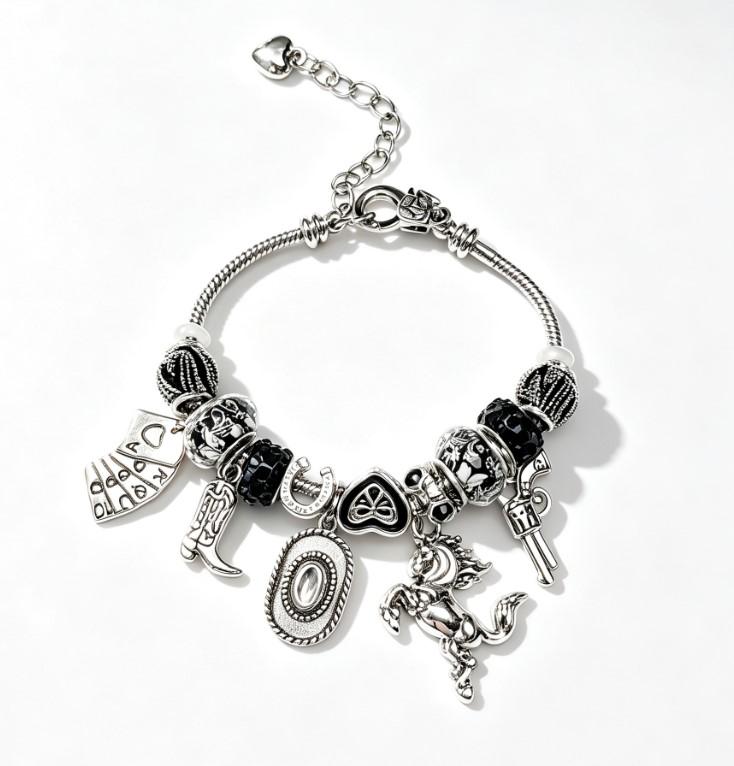 Western Cowboy Charm Snake Chain Bracelet, Unisex Vintage Silver Dangle Bead Bracelet, Cowgirl Horse Gun Boot Pendant Bangle Jewelry Gift for Men Women Western Cowboy Charm Snake Chain Bracelet, Unisex Vintage Silver Dangle Bead Bracelet, Cowgirl Horse Gun Boot Pendant Bangle Jewelry Gift for Men Women