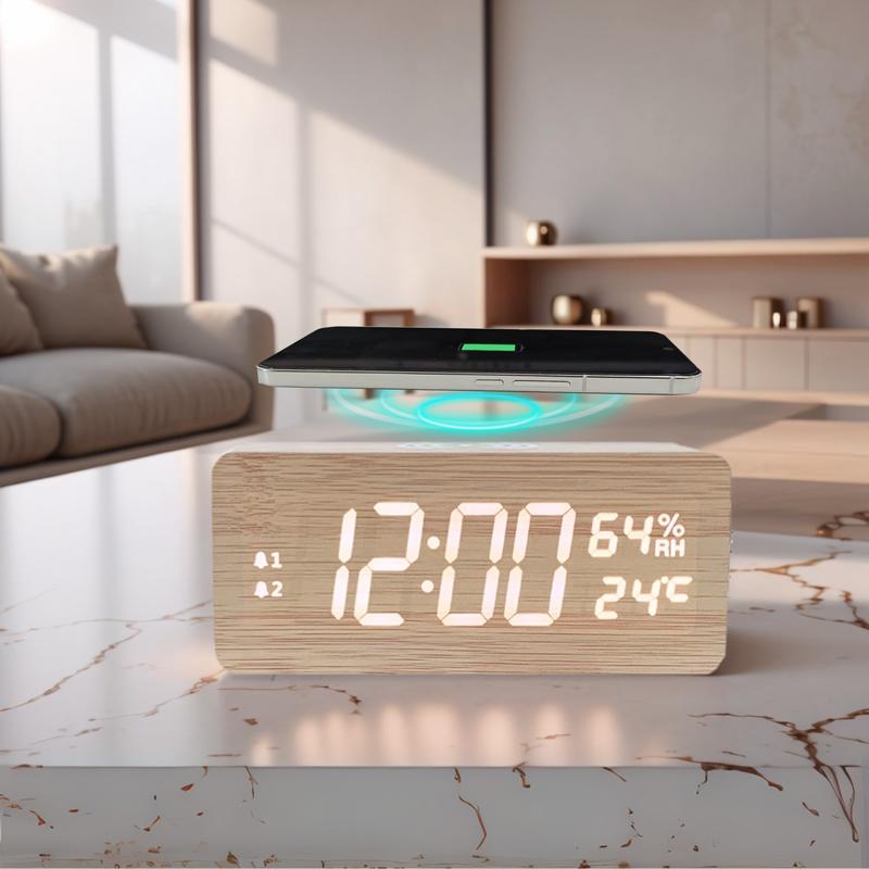 DARAUME Wooden Digital Alarm Clock  Alarm Clock with Qi 15W Wireless Charging Pad  Brightness Adjuster and Alarm Volume Adjuster  Snooze Function  Dual Alarms with Sound Control Function, Time and Date and Temperature Display for Bedroom, Office and Home