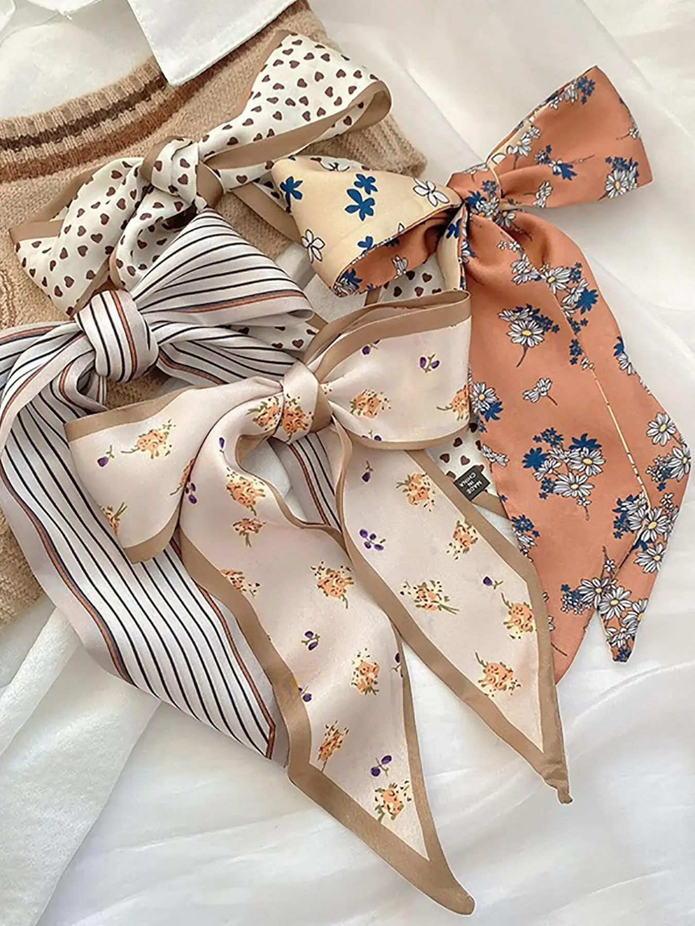 4 Pcs Boho Floral Satin Hair Scarf Set, Multi-Use Soft Satin Hair Band, Ponytail Tie & Neck Scarf Accessories for Women and Girls, Versatile Fashion Headbands for Daily Wear