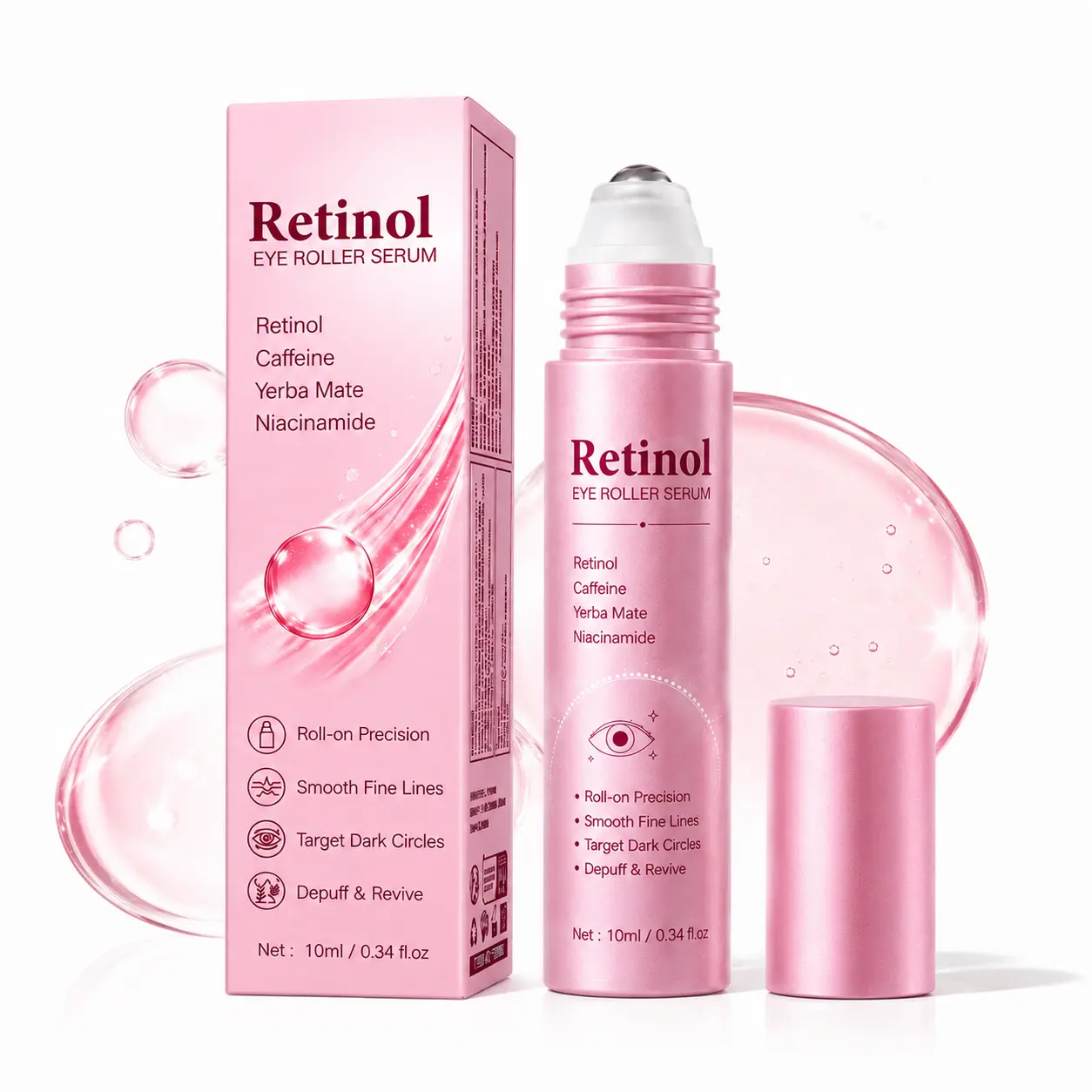 Retinol Caffeine Eye Roller Serum, Niacinamide Yerba Mate Under Eye Serum Roll‑on, Reduce Dark Circles Puffiness Fine Lines, Eye Brightening Serum for Eye Care 10ml