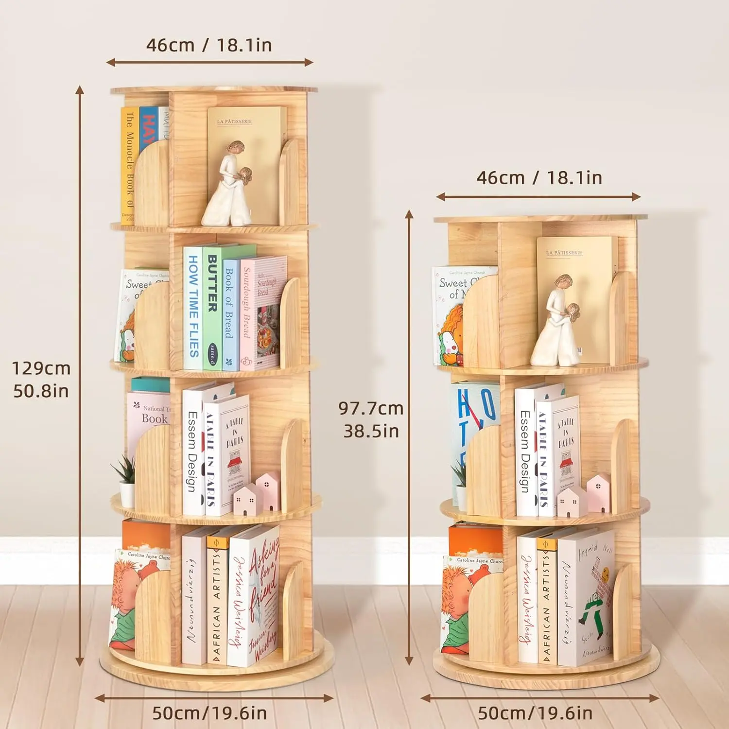 OOOK 3 Tier Rotating Bookshelf Tower, Montessori Bookshelf Storage Rack with Kids, Large Chassis 360 Display for Small Space, Kids Room, Nursery