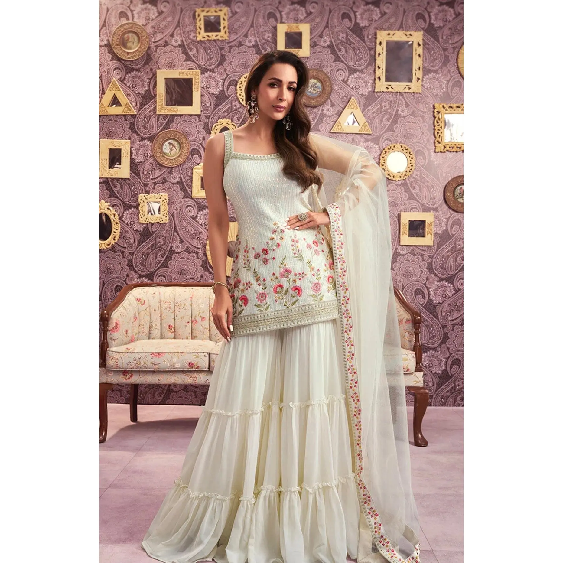 Ivory Sequinned Sharara Set with Dupatta