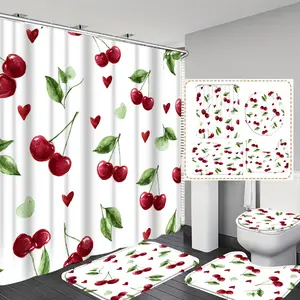 Valentine's Day Heart Cherry Print Waterproof Shower Curtain Set, Includes 12 Hooks, Non-Slip Mat, U-Shaped Pad, Toilet Seat Cover, Bathroom Decor, Bathroom Shower Equipment