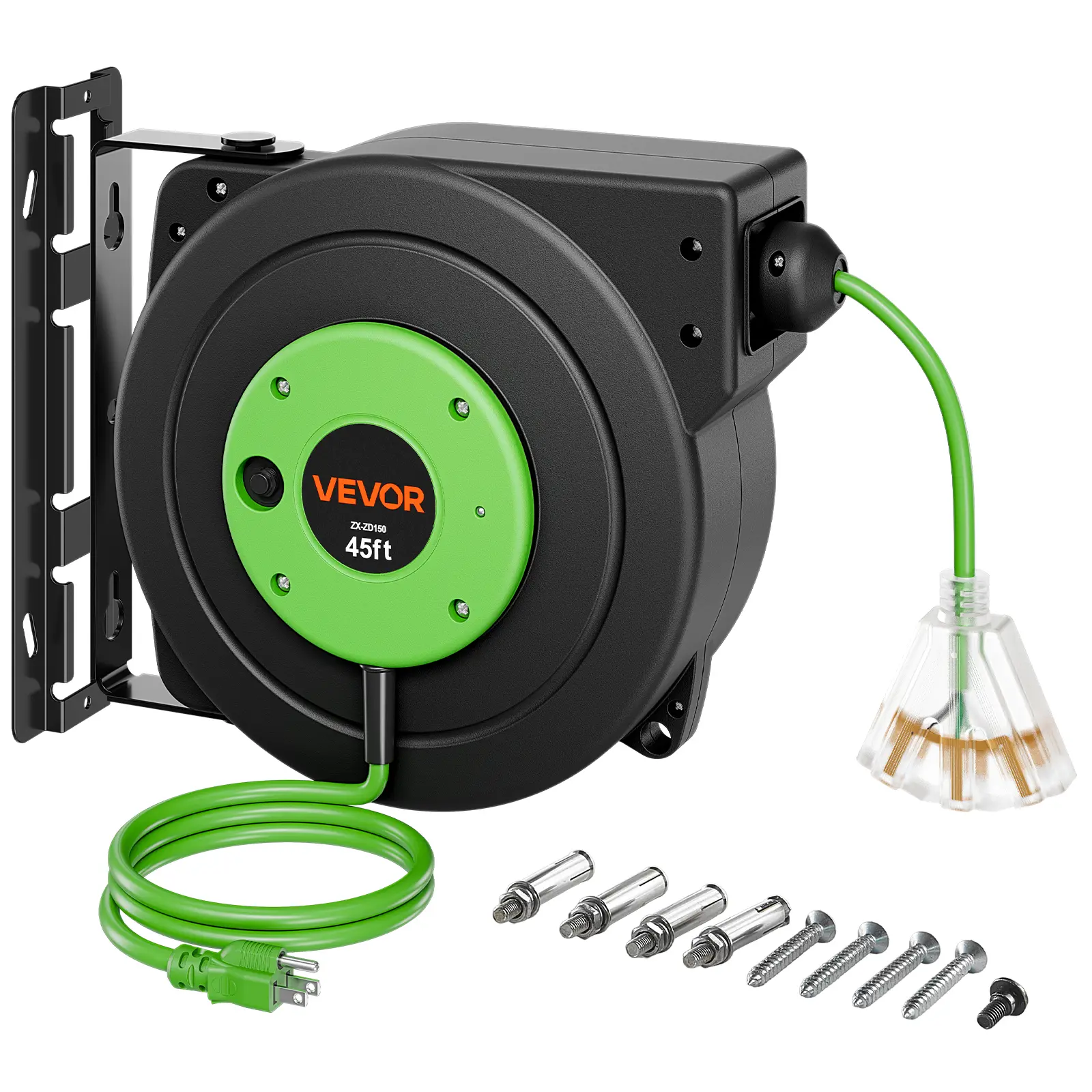 VEVOR Retractable Extension Cord Reel 45FT Heavy Duty 12AWG/3C SJTOW Green, for Ceiling/Wall Mount, 15A Circuit Breaker, Automatic Retractable Power Cord, Lighted Triple Tap, with 180° Swivel Bracket