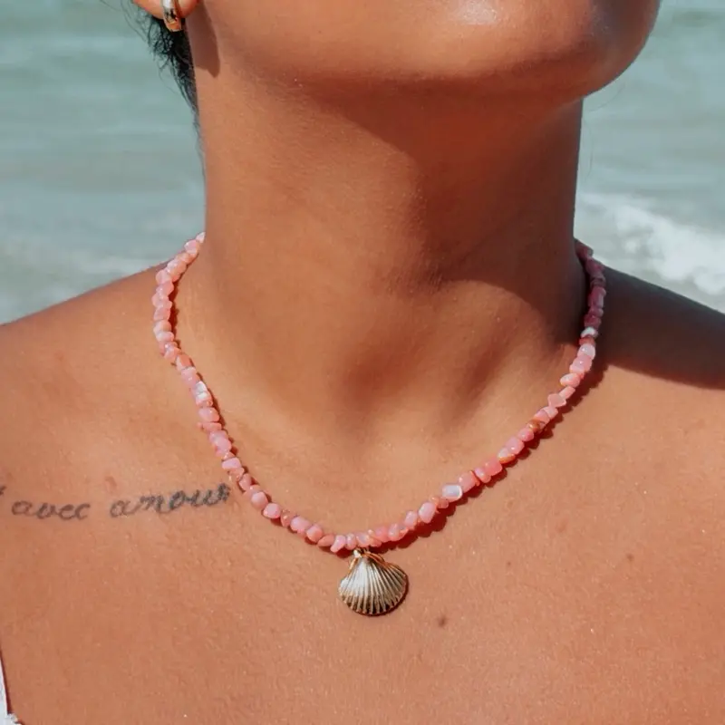 Pink Agate Seashell Necklace, Gold-Plated Stainless Steel Jewelry