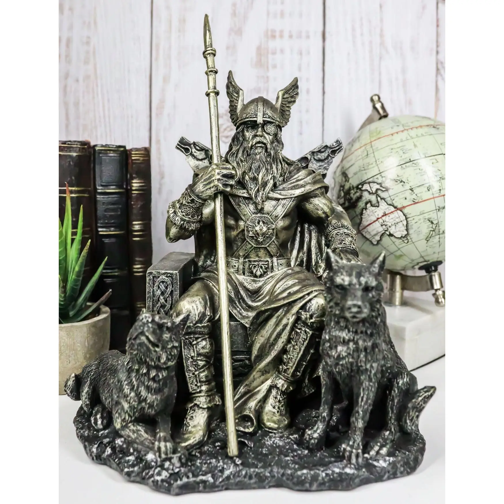 Ebros Gift Norse Viking Mythology Odin The Alfather Sitting On A Throne with Two Wolf Dogs Statue Norselandic Folklore Thor Ragnarok Trilogy Wotan Decorative Figurine 10.5" High