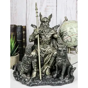 Ebros Gift Norse Viking Mythology Odin The Alfather Sitting On A Throne with Two Wolf Dogs Statue Norselandic Folklore Thor Ragnarok Trilogy Wotan Decorative Figurine 10.5" High