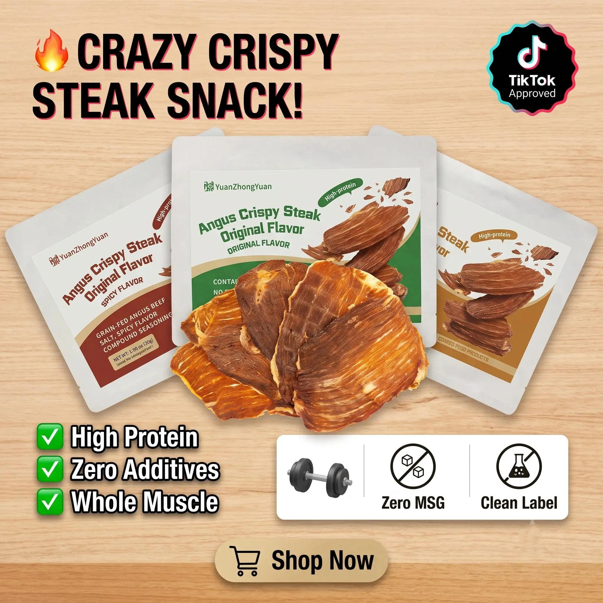 100% Clean Label Beef Jerky Chips - High Protein, 0 Sugar, Low Fat Dried Meat Snack for Post-Workout & Office Fuel, Crispy Beef Slices for Carnivore Diet，Beef Jerky Crisps