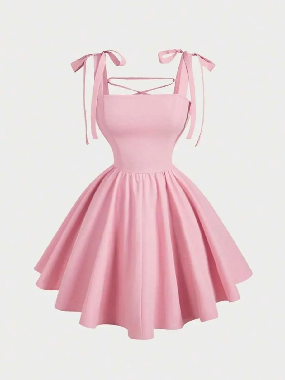Soft Pink Summer Cute Tea Party Backless Tie Bow Midi Dress, Whimsical Wedding Guest Dress Women, Birthday Holiday Vacation Pastel Dresses