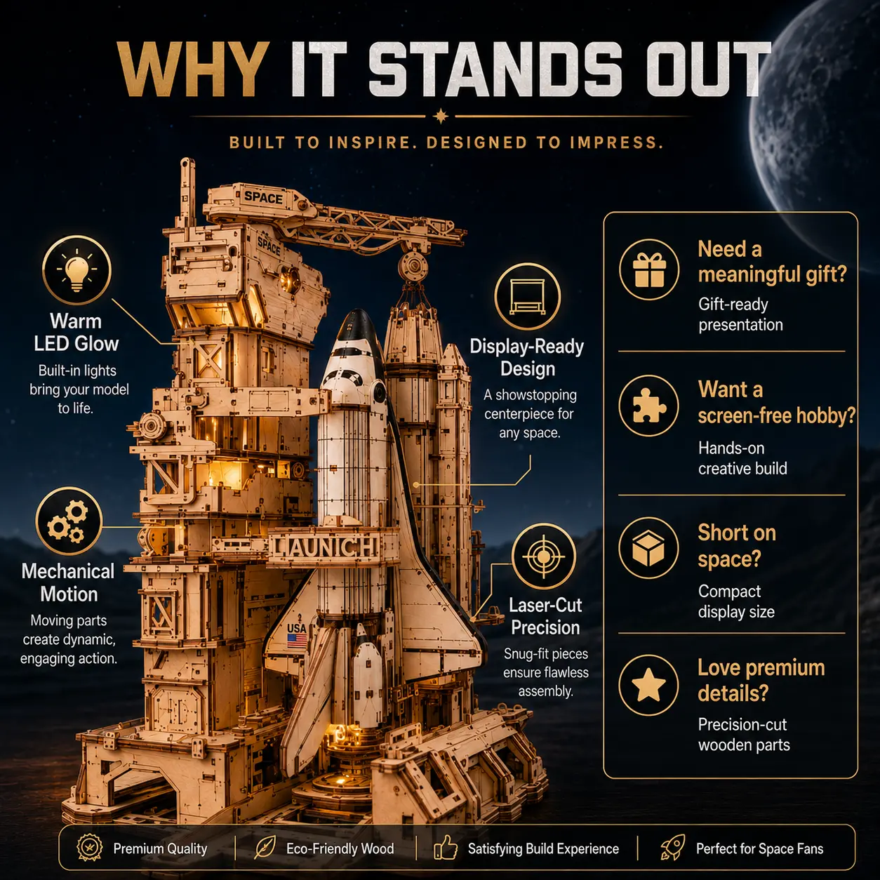 【ROBOTIME】Wooden Space Shuttle 3D Puzzle Model Kit - DIY Construction Toy with Moving Parts, Stress-Relief Fidget Item Including Reusable Skin Picking Pad & Rubber Band Ball, Adult Graduation Gift & Collectible Display Metal Fusion BeyBattle Set Launchers
