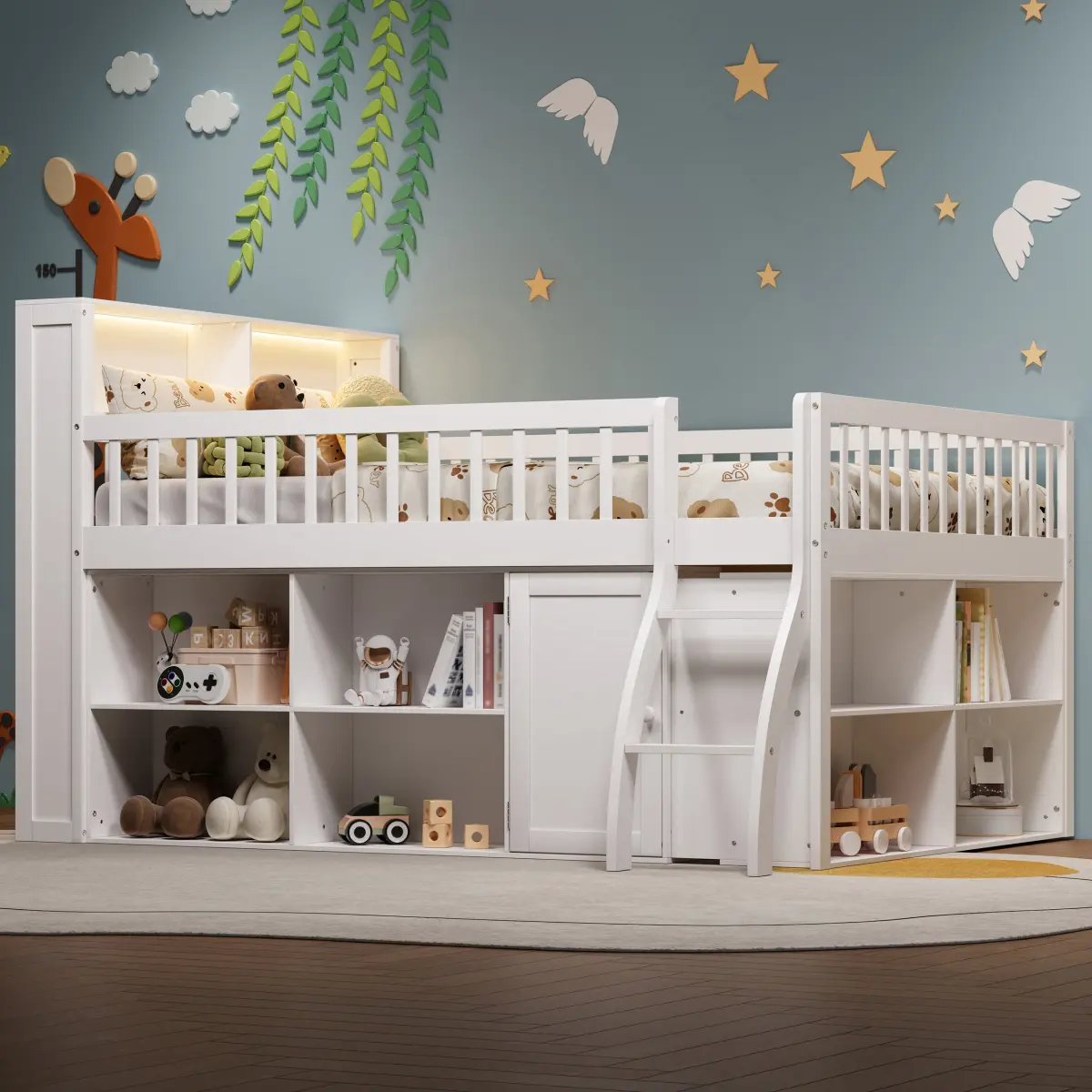 Full Size Low Loft Bed with Storage, Bookcase Headboard with LED Light, Solid Wood Loft Bed Frame