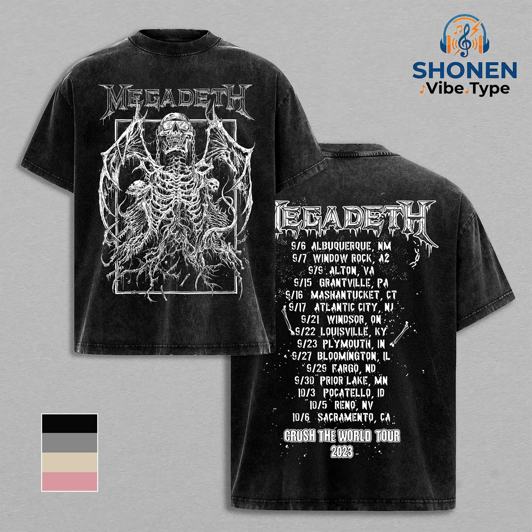 Megadeth Crush The World Tour Vintage Stone Wash Graphic Tee, Oversized Heavyweight Cotton T-Shirt, Streetwear for Men, Thrash Metal Band Merch, Skeleton Art, Gift For Fan