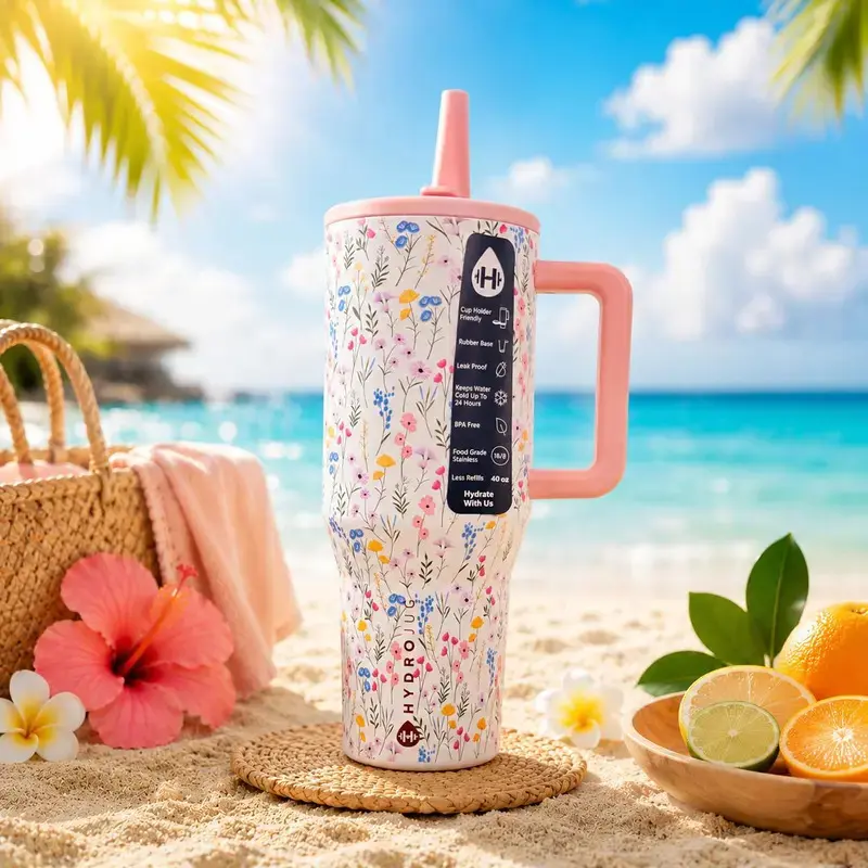 HydroJug Traveler 40 oz Wildflower Insulated Stainless Steel Tumbler with Handle and Straw, Leak-Resistant Lid, Cup Holder Friendly Travel Cup for Car, Gym and Office