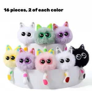 16 adorable fluffy cat keychains, cute plush ball key rings, suitable for bag decorations, car key pendants, key pendants, birthday party gifts, children's girl gift sets, and decorations.