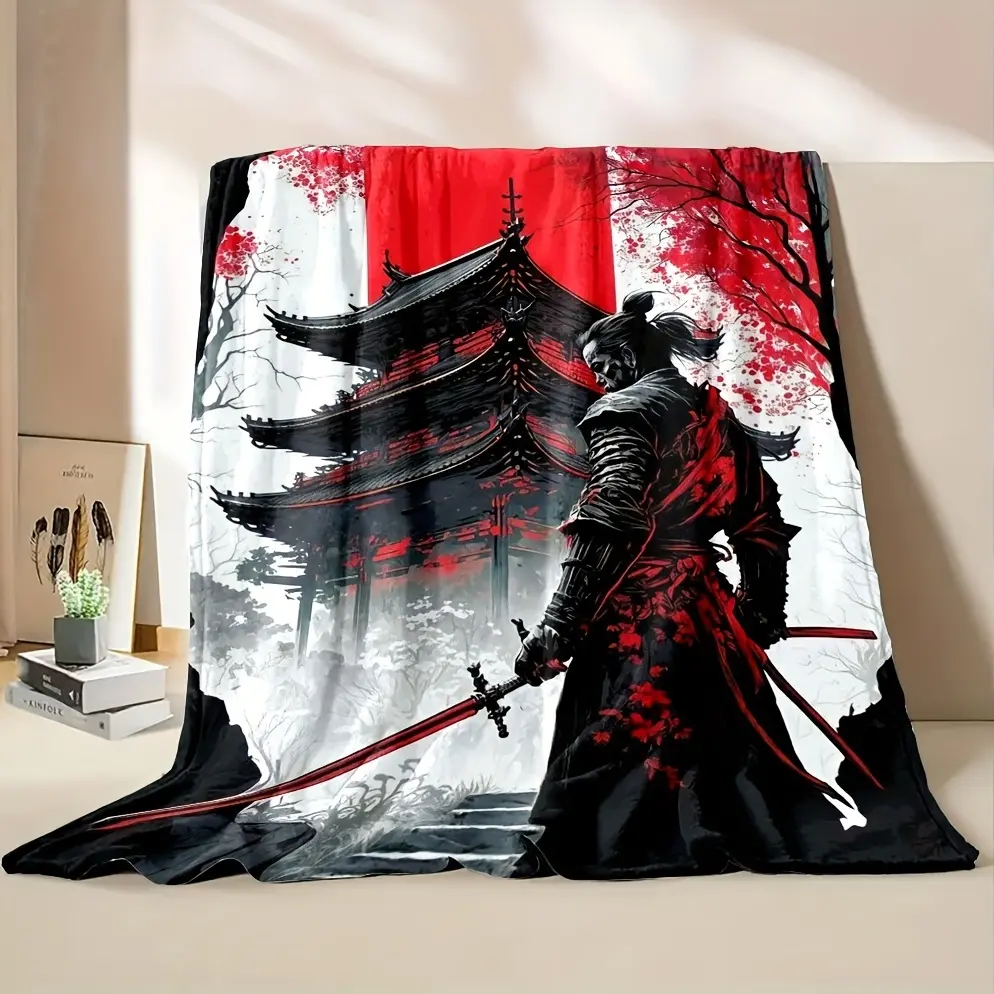 280GSM Soft Polyester Flannel Blanket - Japanese Samurai Spirit Cartoon Pattern Throw, Character Art Blanket, Easy-Care, Versatile All-Season for Bed, Sofa, Cartoon Pattern Blankets, Character Art Blankets