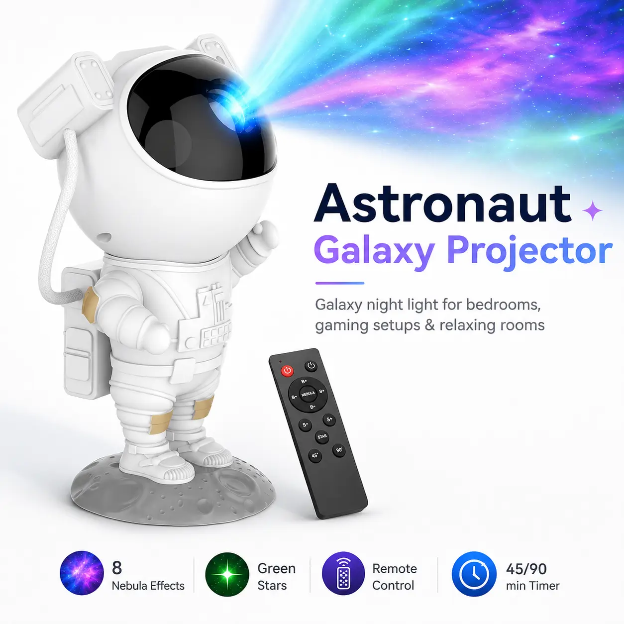 Astronaut Galaxy Projector Lamp, Space Themed Bedroom Nebula Lights with Remote Control, 8 Modes, Green Star Mode, 45/90 Min Timer for Kids' Rooms & Gaming Room Decor