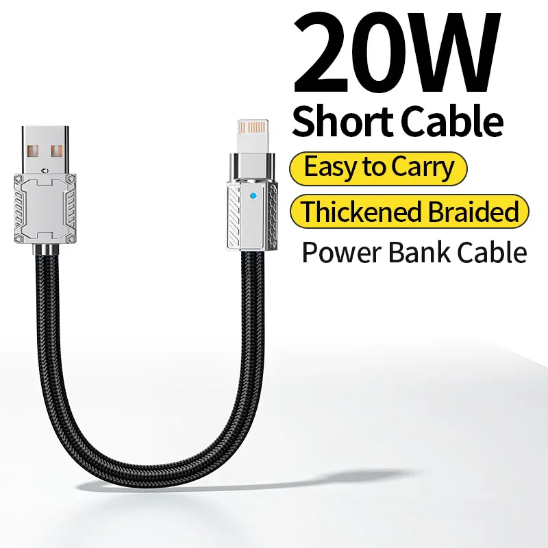 Kaxoe 10inch(25cm) short charging cable for Power Bank,Braided Heavy Duty cable,USB-A to Lightning cable,20W Fast Charging Cable,Compatible with iPhone 6-14 plus pro max,Metal Case Thick Braided Cord.