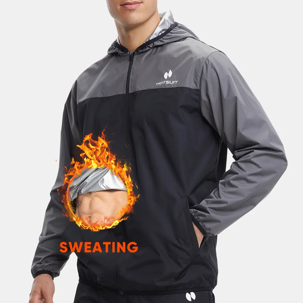 HOTSUIT Men's 2-Piece Sports Sweat Suit, Silver-Heat REG Anti-Rip Sauna Jogging Set, Wind & Water Resistant Activewear Jacket & Pants for Gym, Sports Clothing