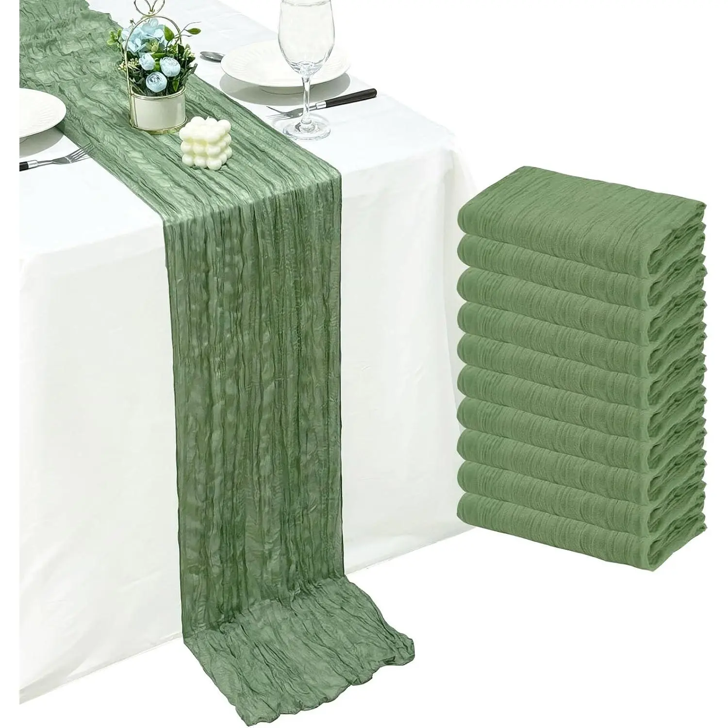 10Pack Sage Green Cheesecloth Table Runner Sheer Gauze Cheese Cloth Table Runners, Sage Green Table Runner for Wedding Party Baby Shower Home Decor