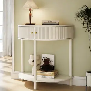 ARCH Half Moon End Table with Rattan Drawers, Semicircular Console Table with Storage Cabinet and Bottom Shelf, Boho Entryway Sofa Side Table for Living Room Bedroom Hallway, Black Solid Wood MDF, Antique Green/Black/Brown/Cream White Color Options
