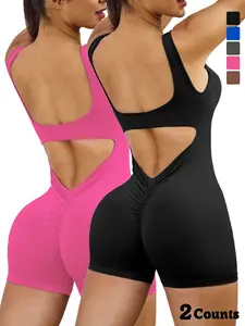 Women's Solid Color V Neck Backless Sports Bodysuit, Casual Sleeveless Racer Back Bodysuit for Yoga Gym Workout, Ladies Sportswear for All Seasons, Womenswear, Activewear