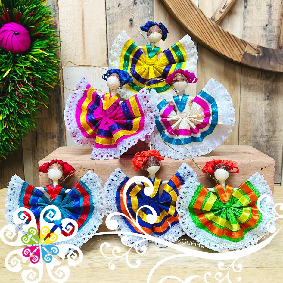 Set of 6 Corn Husk Wide Skirt Doll - Mexican Ornament Set of 6 Corn Husk Wide Skirt Doll - Mexican Ornament