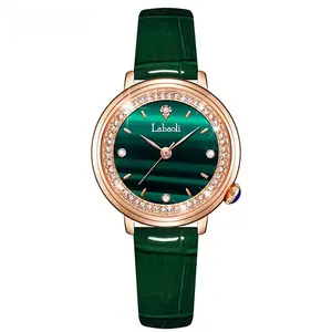 Women's Vintage Emerald Mother-of-Pearl Dial Watch Rhinestone-Encrusted Bezel Genuine Leather Strap Waterproof Quartz Watch for Casual & Evening Wear
