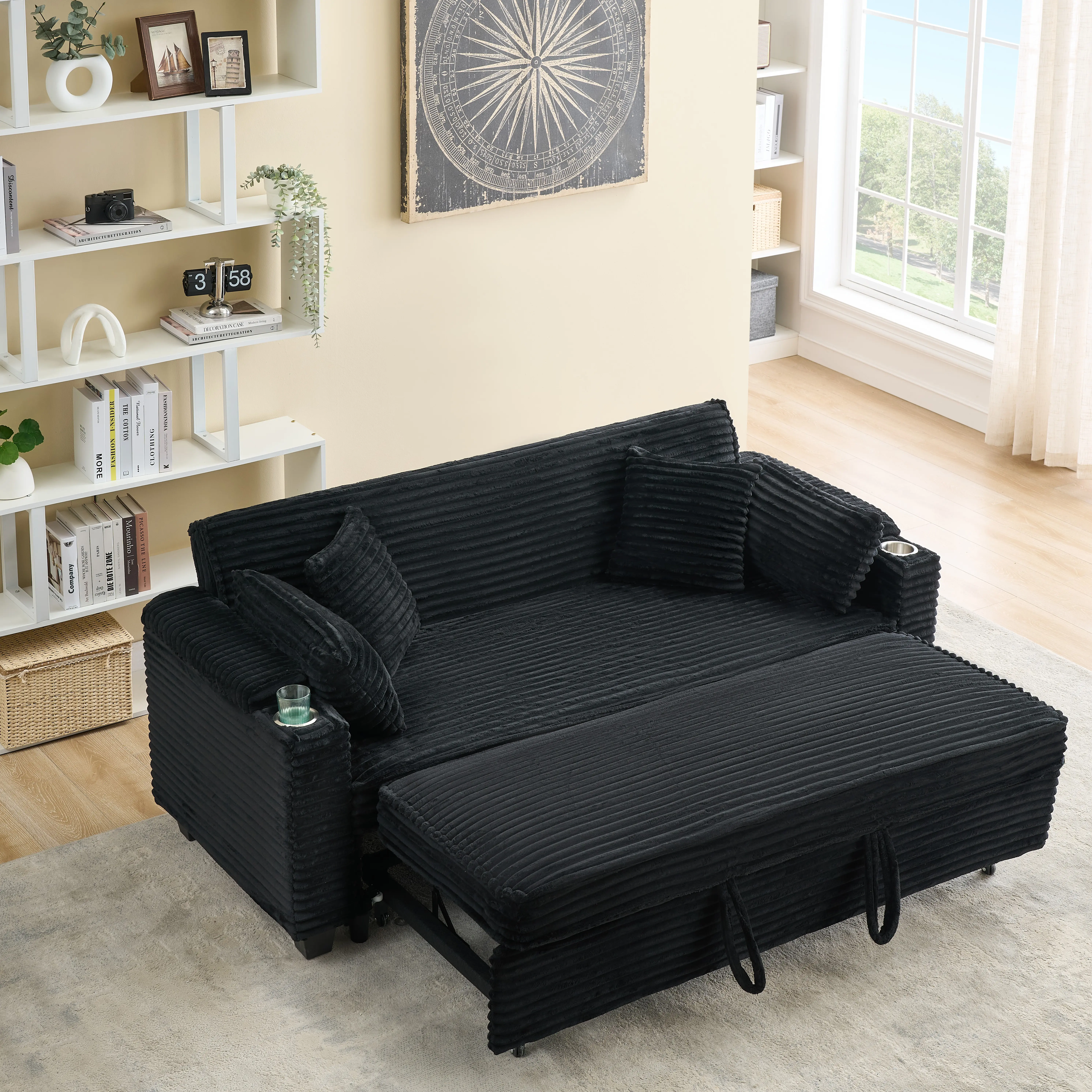 Black Striped Plush Convertible Sleeper Sofa with Cup Holders, Modern Upholstered Loveseat Couch for Living Room Small Space