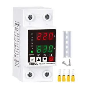 Smart Circuit Breaker with Adjustable Voltage Protection, 70-200V Low and 140-300V High Cutoff, 1-63A Overcurrent Protector, AC Disconnect Switch, DIN Rail Mount
