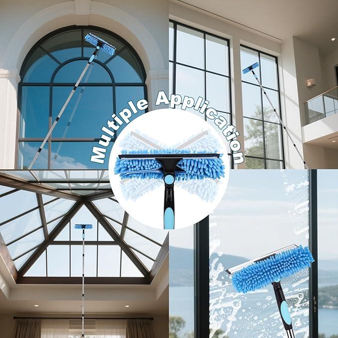 65'' Window Washing Kit with Extension Pole, 2-in-1 Window Cleaning Kit with Scrubber and Rotating Head, Window Cleaner Tool for Shower Rooms, Glass, Floors, Car Windshields Window Squeegee Cleaner Tool with Extension Pole: 2-in-1 Window Cleaning Kit