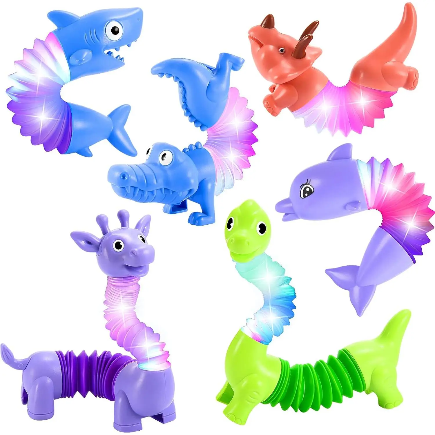 001-X Unisex LED Light-Up Giraffe Animal Shape Pop Tubes, 6-Pack Fidget Sensory Toys with Smooth Edges & Sound Effects for Toddlers (Ages 2-7), Birthday Party Favors, Travel Autism Support Gifts, Distract Kiddo