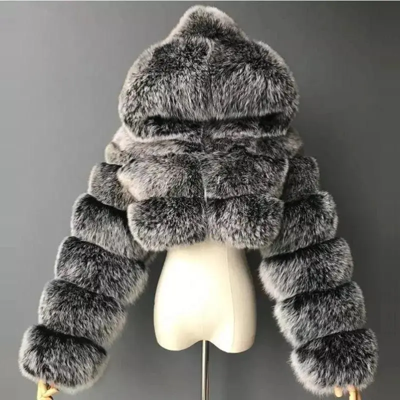 Furry Cropped Faux Coat With Hood
