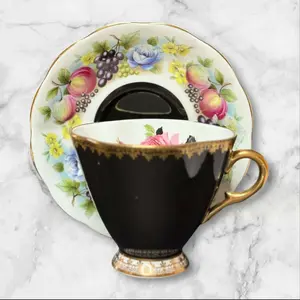 Clarence & Royal Albert Bone China Teacup & Saucer | Black Floral Mix | England