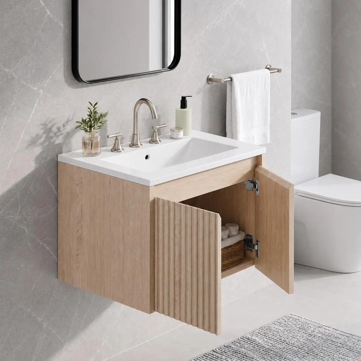 24" wall-mount floating bathroom vanity. Oak color fluted 2-door cabinet with 8" 3-hole white ceramic sink. PVC stain-resistant floating vanity for modern bathrooms.