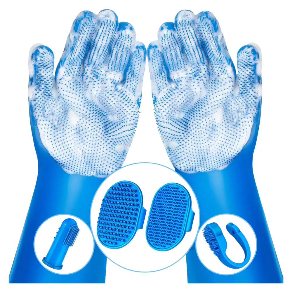 6-Piece Pet Grooming Kit – Dog, Cat & Horse Bath Gloves, Shampoo Brush & Massage Mitts – Gentle Bathing & Fur Deshedding Tool for Dogs, Cats, and Horses