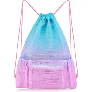 Mesh Drawstring Bag with Zipper Pocket, Beach Bag for Swimming Gear Backpack Gym Storage Bag for Adult  ( Blue)