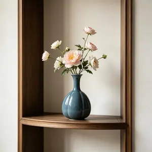 New Chinese Style Blue Glazed Ceramic Vase 15cm Melon - shaped Bottle, Elegant Zen - style Ornament for Living Room, Tea Room & Entrance, Suitable for Hydroponics, Dried & Fresh Flowers, Jingdezhen Craft Home Decor, Perfect for B&B, Hotel & Showroom, High