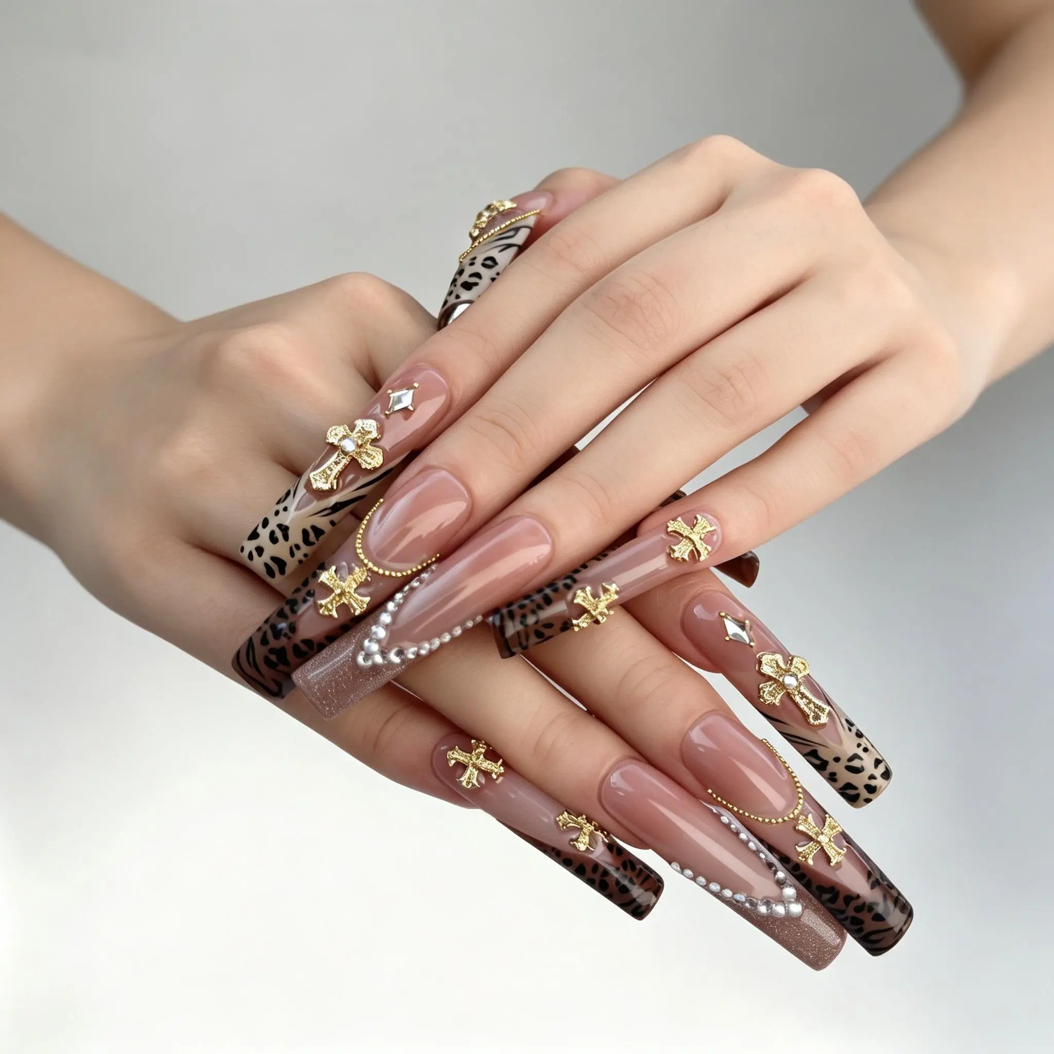 2K Leopard Print Gold Cross Press On Nails Long Coffin Glitter Cut Out