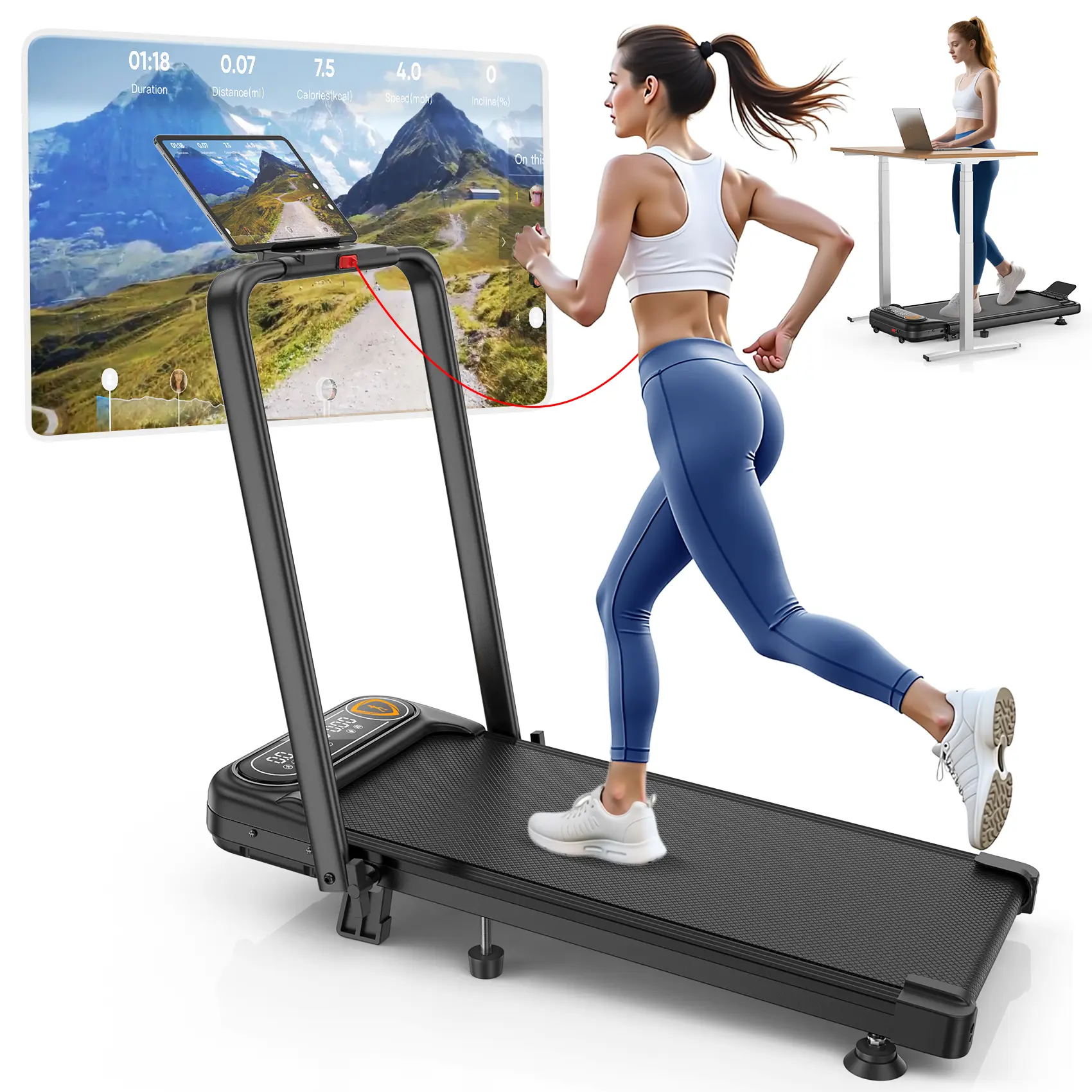 Trisomy Portable 4 in 1 Walking Pad Foldable Treadmill Running Machine with 10% Adjustable Incline, 3.5HP Low Noise Under Desk Treadmill with Handle Bar, 350Lbs Capacity, APP and Remote Control for Home Gym and Office Fitness