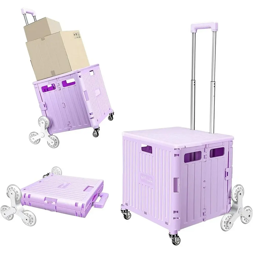 Foldable Multifunctional Pull-Along Storage Cart - Blue/Purple, 65L Large Capacity, 3-Stage Telescoping Handle, Portable Utility Cart for Home Storage, Grocery Shopping