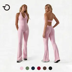 TimeOFF Women's Halter Neck Flare Yoga Jumpsuit - Lace Trim Backless, High Waist Butt Lifting, Stretchy Breathable Fabric, Prevents Restriction, Ideal for Yoga, Pilates, Gym & Daily Wear