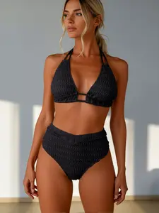 Black Textured Halter High Waist Bikini Set with Front Cutout – Tummy Control Sexy Backless Swimwear for Summer Beach