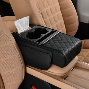 Car Center Console Cover, Leather Armrest Cover for Car, Universal Middle Console Cushion with Storage Box, Cup Holder, Tissue Box & Phone Slot, Waterproof Interior Accessories