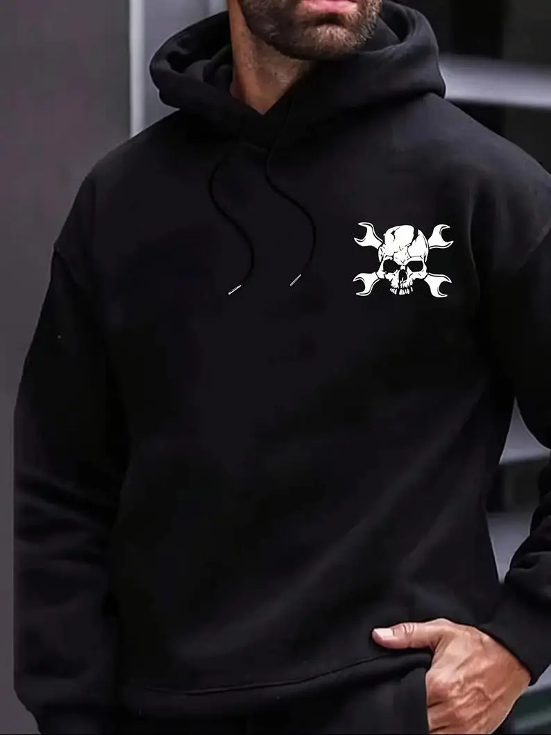 [Skull Hoodie] Casual Men's Skull & Letter Print Hoodie | Flannel Pullover with Kangaroo Pocket - Perfect for Fall & Winter