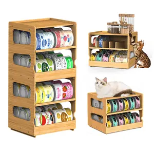 Teamkio 2 Tier Organizer with Dividers for Cabinet / Counter,- Pet Can Organizer,Kitchen, Pantry, Stackable Can Storage Rack with FIFO System Cup Holders Bamboo