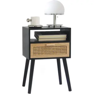 End Table with Storage Mid Century Nightstand with Rattan Drawer and Shelf,  Small Side Coffee Table for Small Space, Living Room and Bedroom, Easy Assembly (Black)