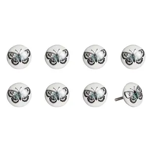 212 MAIN 1.5 in Round Black & White Hand-Painted Ceramic-Metal Drawer Pull Knobs with Backplates - Set of 8, for Traditional Home Decor Appliance Parts